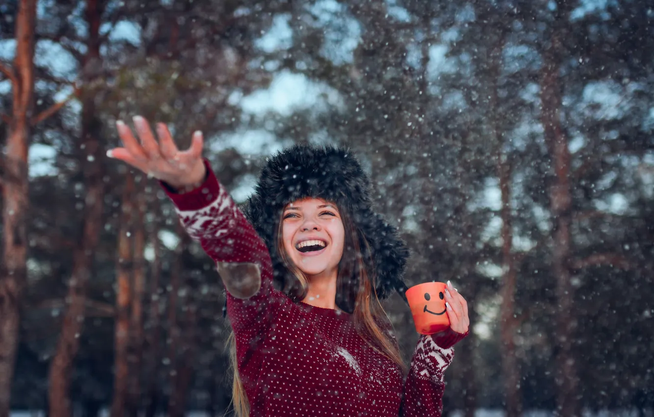 Photo wallpaper winter, girl, snow, joy, mood