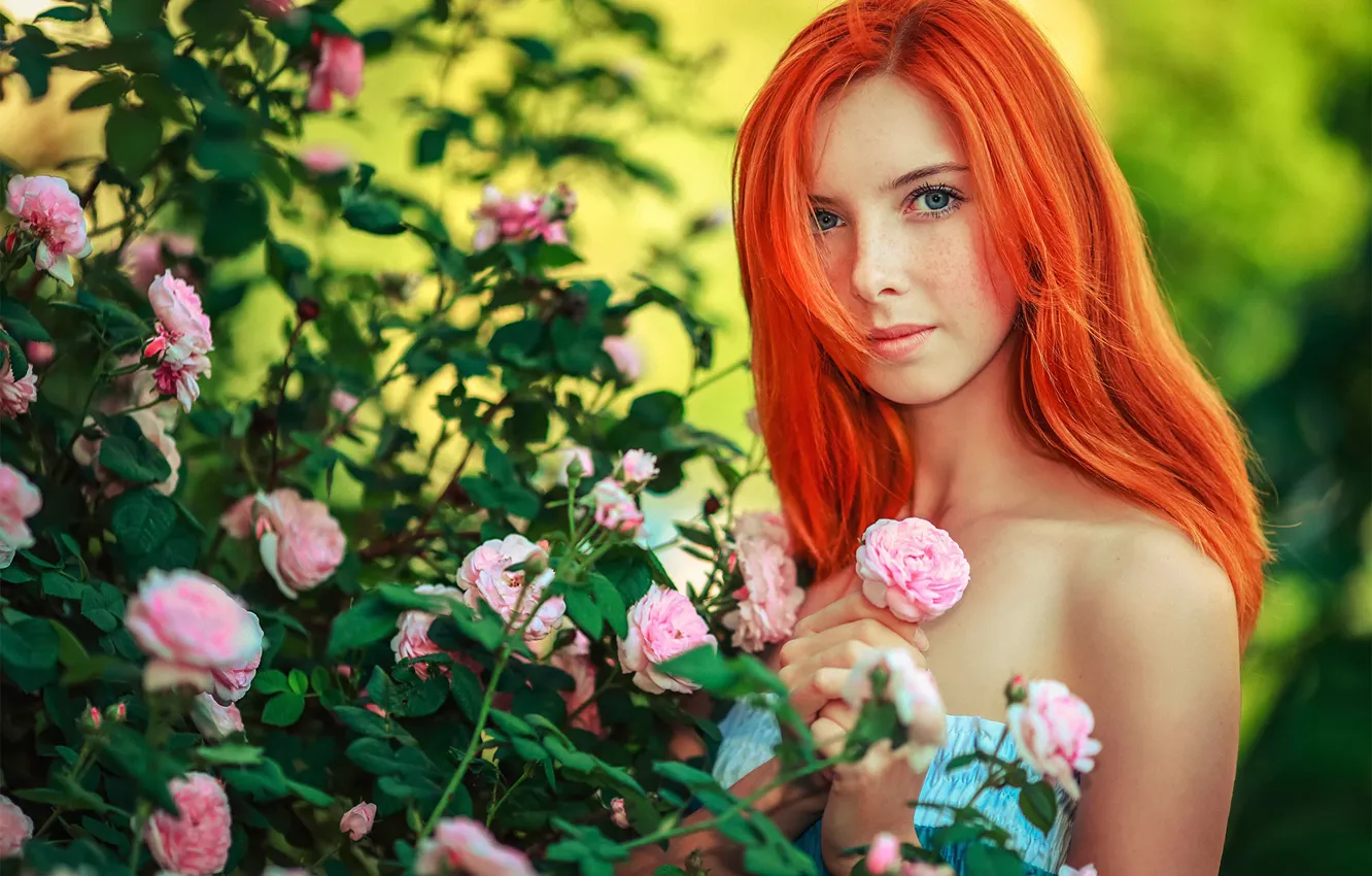 Photo wallpaper flowers, portrait, freckles, redhead, solar, Sunny girl