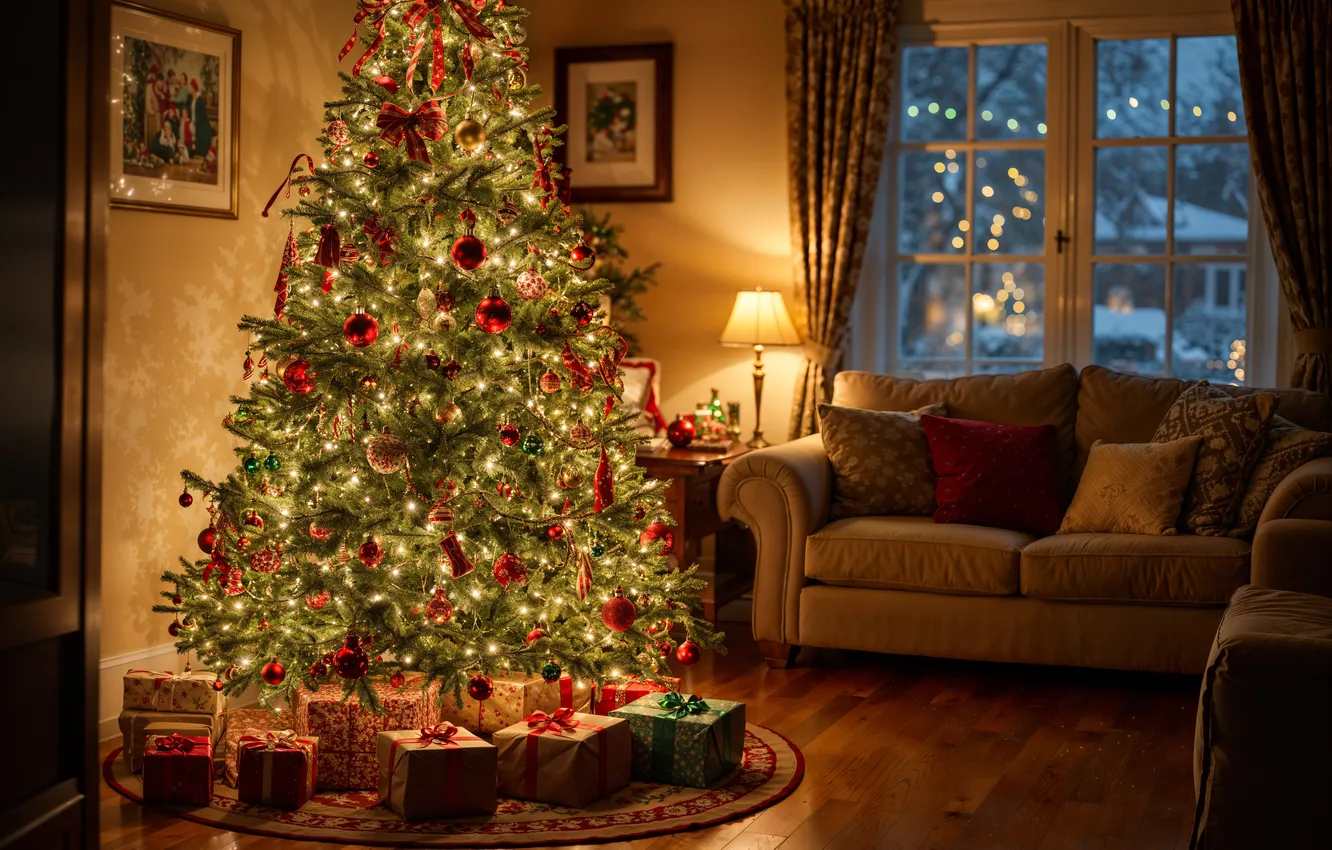 Photo wallpaper decoration, room, gift, tree, new year, interior, Christmas, Christmas
