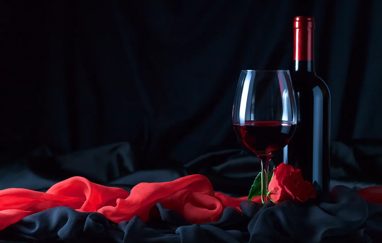 Photo wallpaper flower, wine, glass, rose, bottle, fabric, black, red