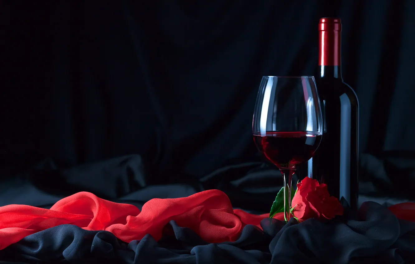 Photo wallpaper flowers, red, wine, black, glass, bottle, roses, fabric