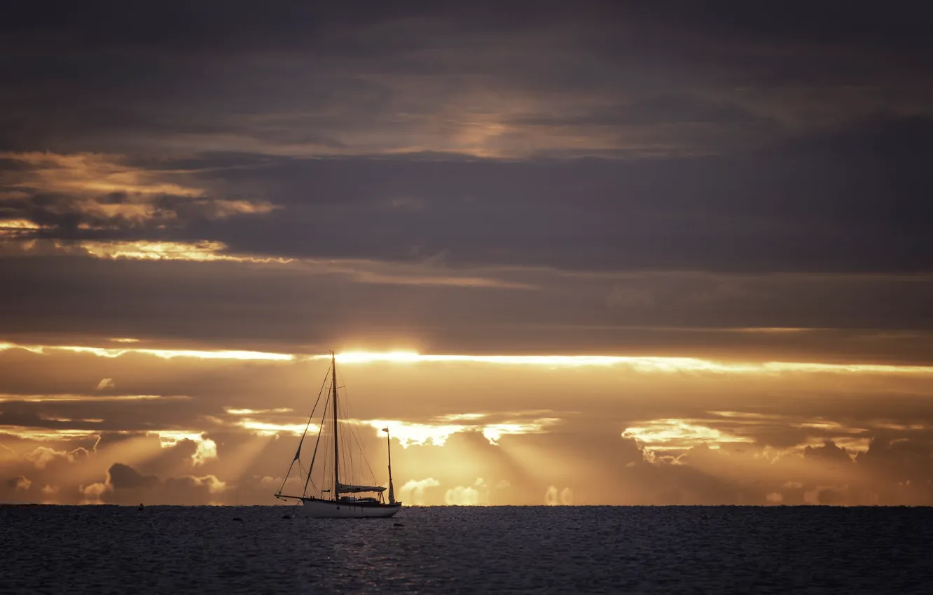 Photo wallpaper sea, sunset, ship