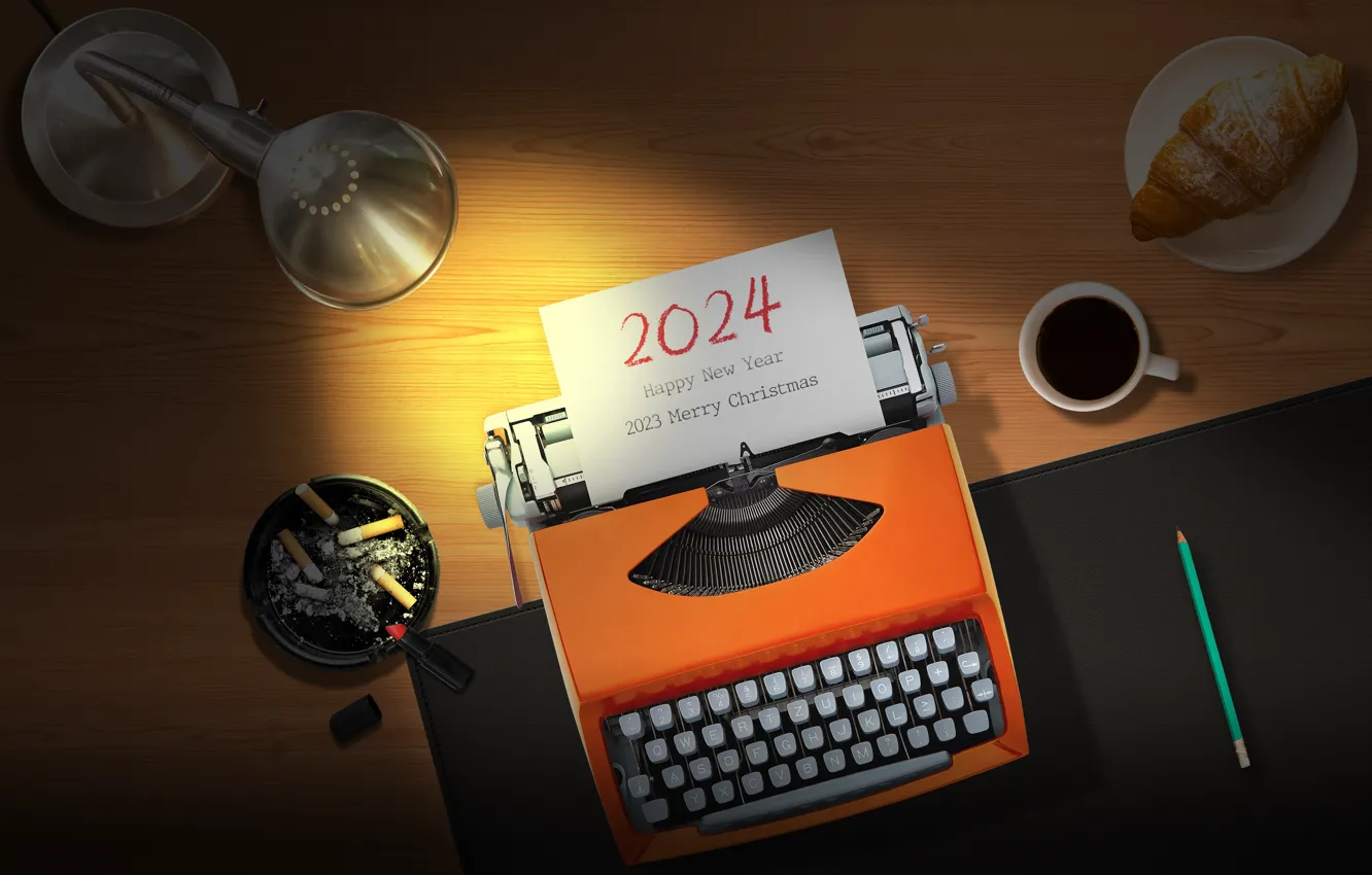 Photo wallpaper New Year, coffee, lamp, desk, typewriter, 2024 year
