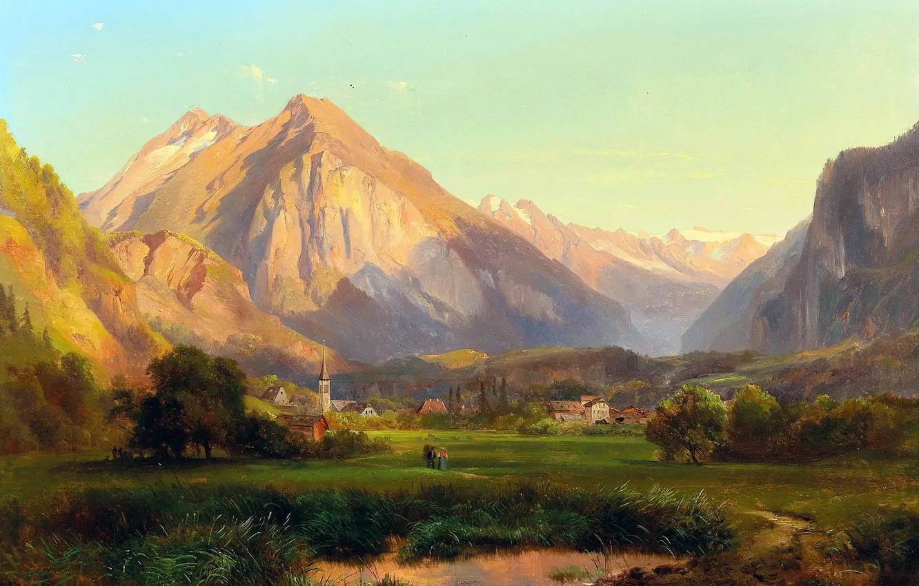 Photo wallpaper trees, mountains, home, picture, Austrian landscape painter, Anton Hansh, Anton Hansch, Alpine landscape