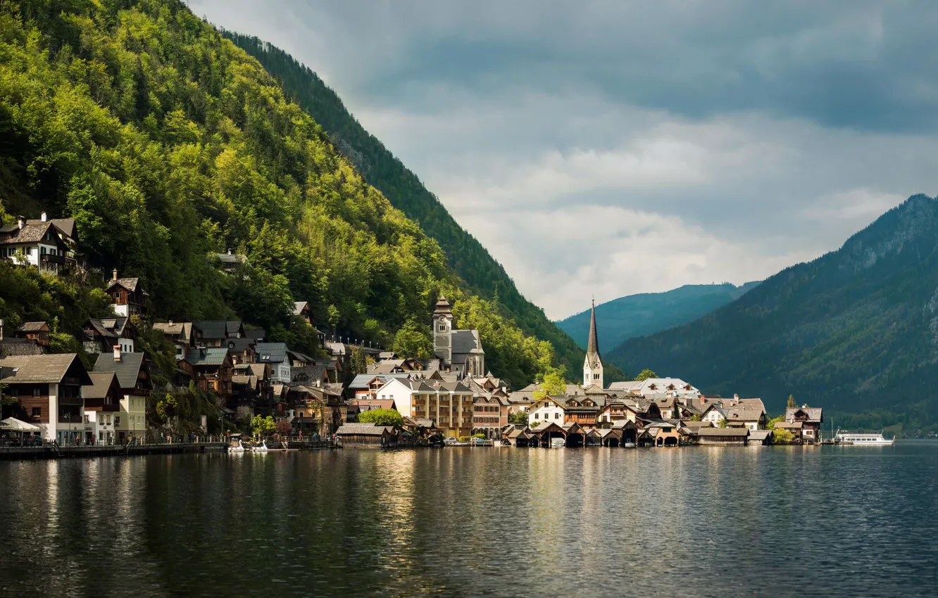 Photo wallpaper mountains, lake, building, Austria, Alps, Hallstatt