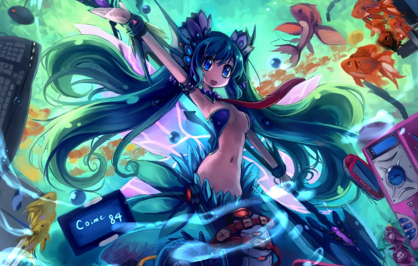 Photo wallpaper computer, girl, fish, mermaid, anime, art, tail, under water