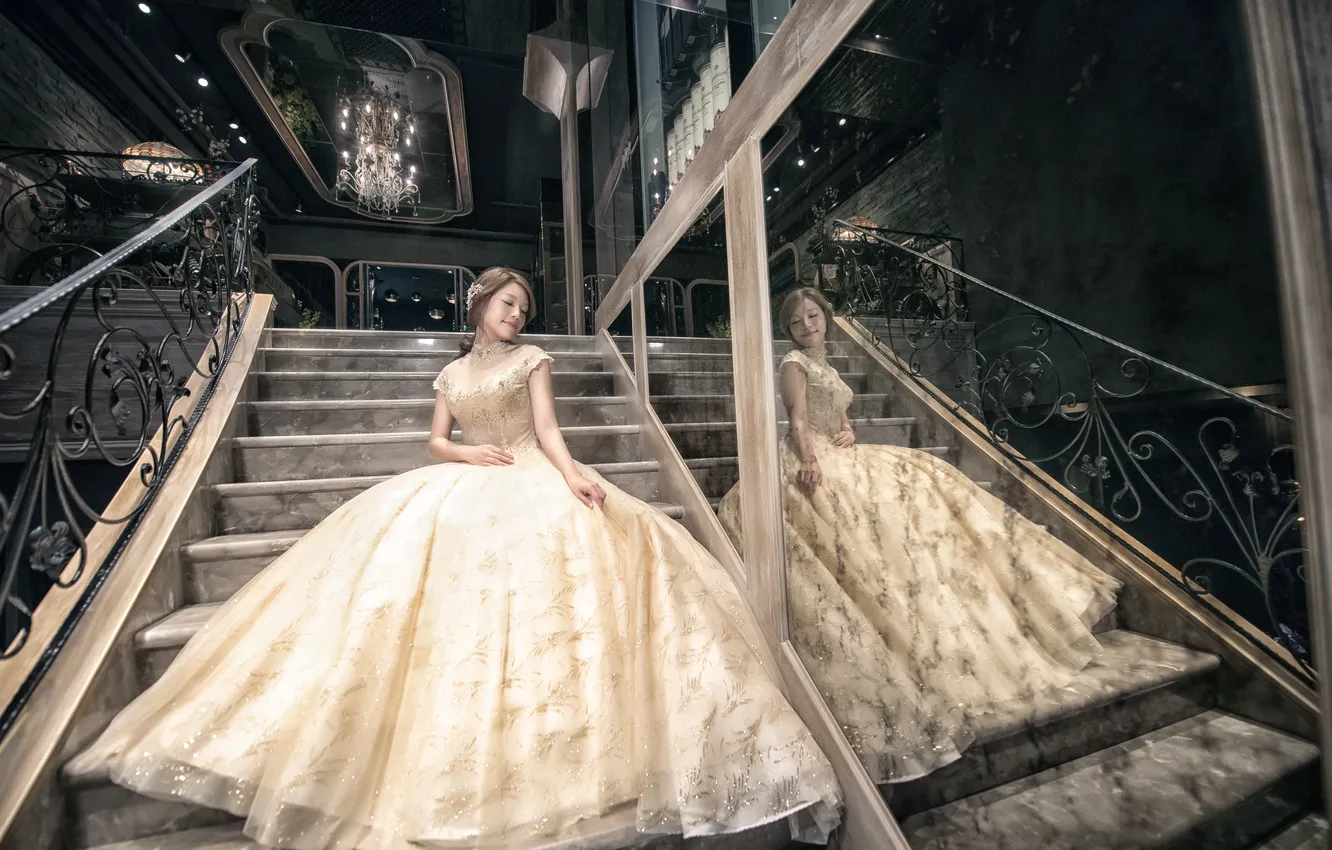 Photo wallpaper girl, ladder, Asian, hall, dress. hall
