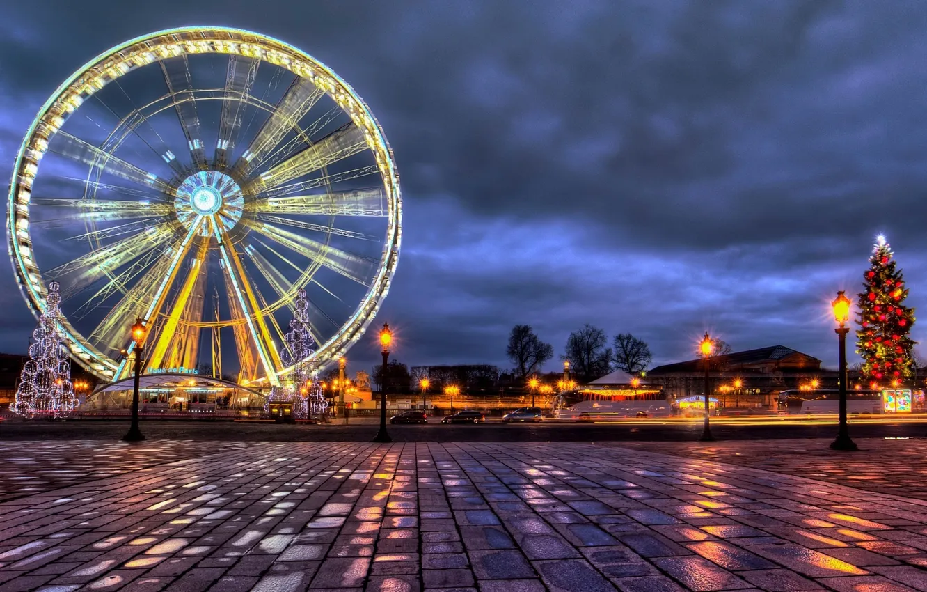 Photo wallpaper winter, road, light, the city, lights, holiday, France, Paris