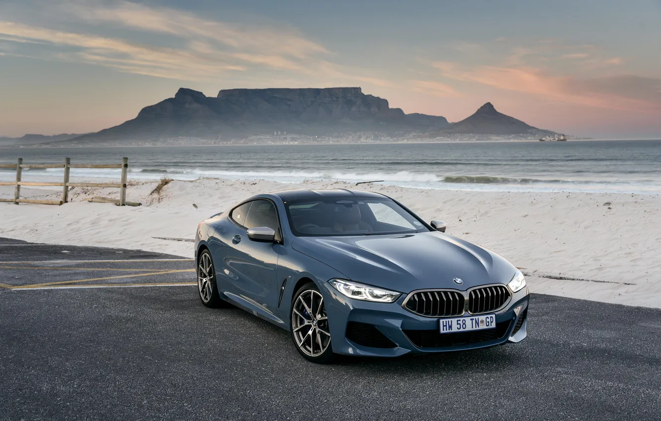 Photo wallpaper sand, shore, coupe, BMW, 2018, 8-Series, 2019, pale blue