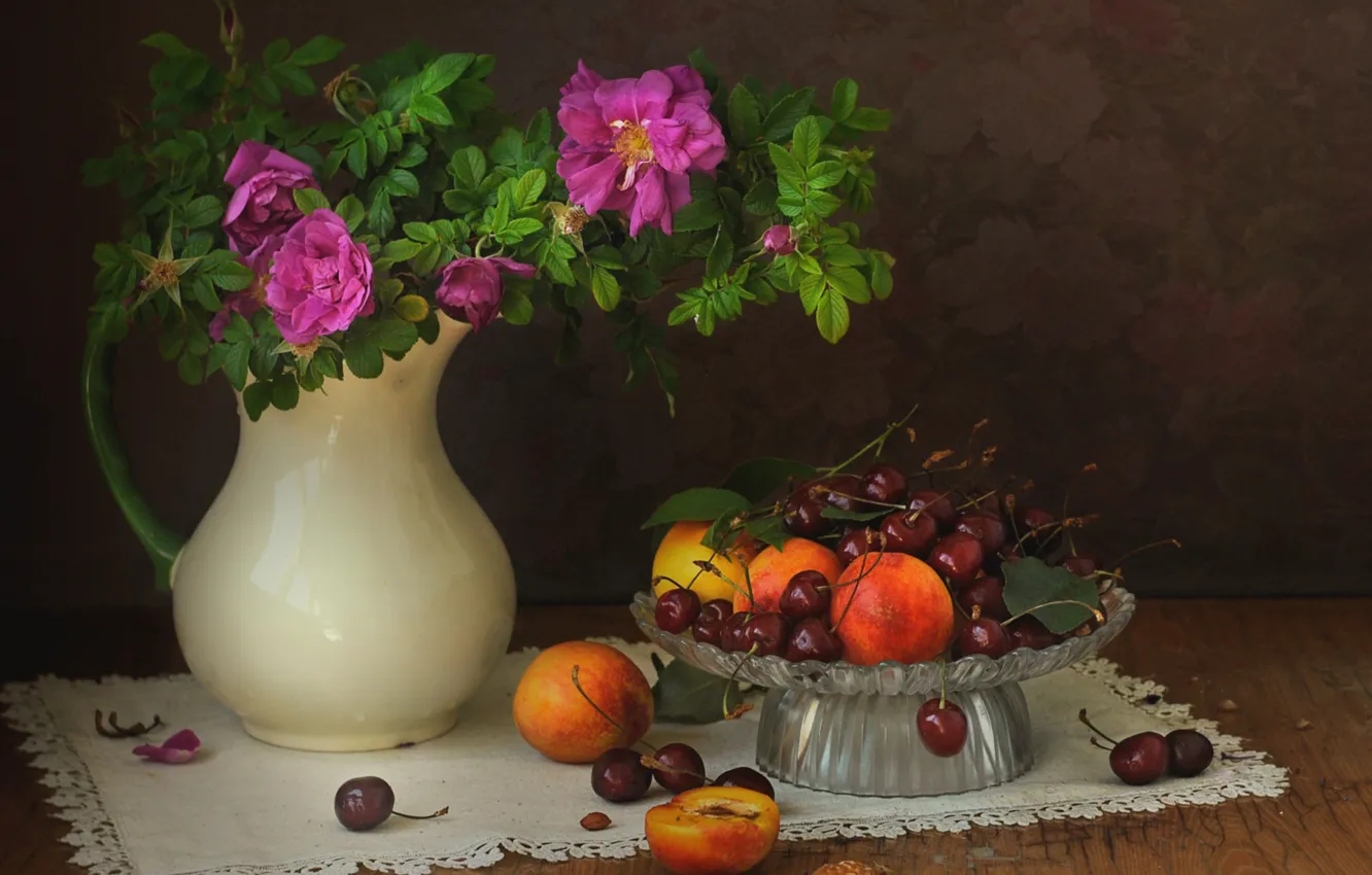 Photo wallpaper briar, still life, cherry, apricots