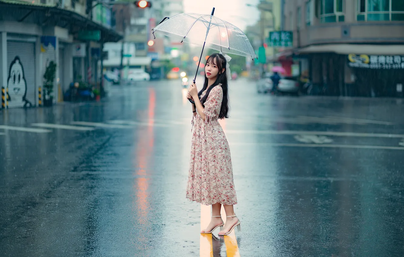 Photo wallpaper the rain, girl, the city, umbrella, sweetheart, street, hair
