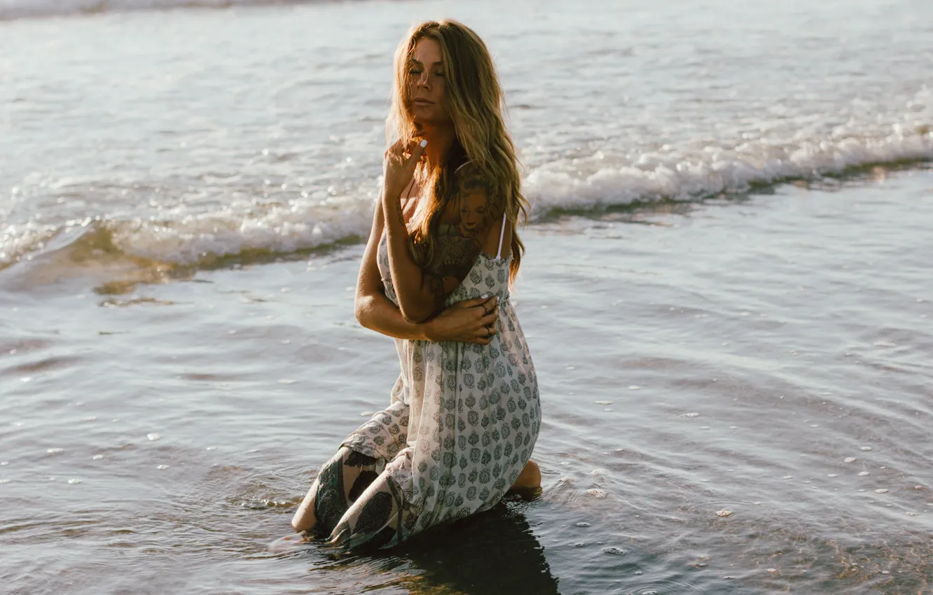 Photo wallpaper sand, sea, wave, beach, girl, pose, tattoo, tattoo