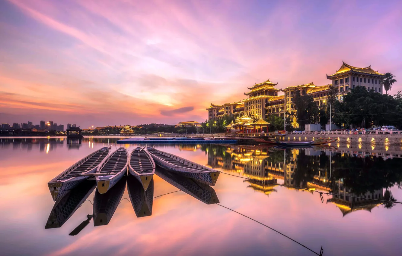 Photo wallpaper the city, China, building, boats, the evening, China, sunset, water surface