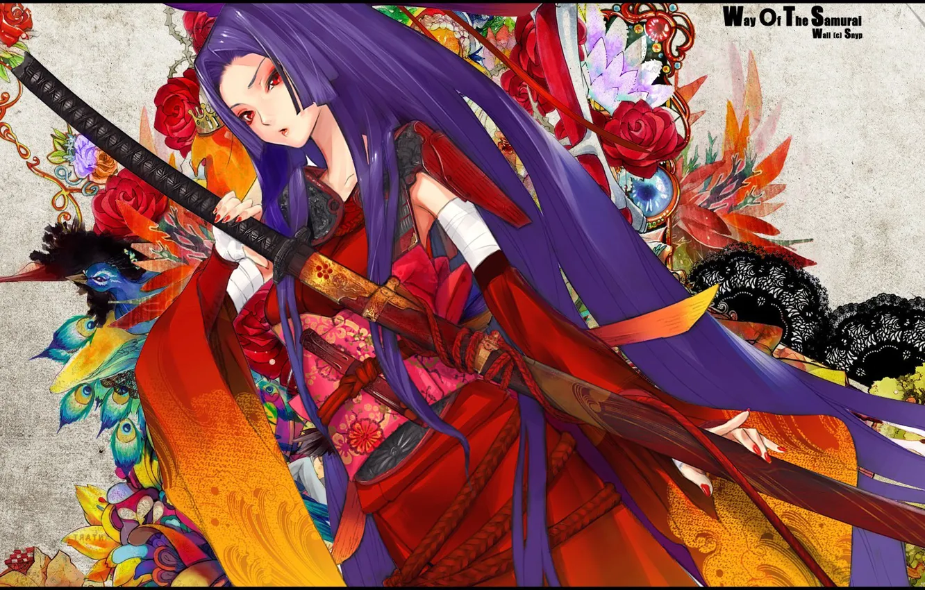 Photo wallpaper pattern, katana, kimono, Geisha, long hair, sheath, flowers.red eyes