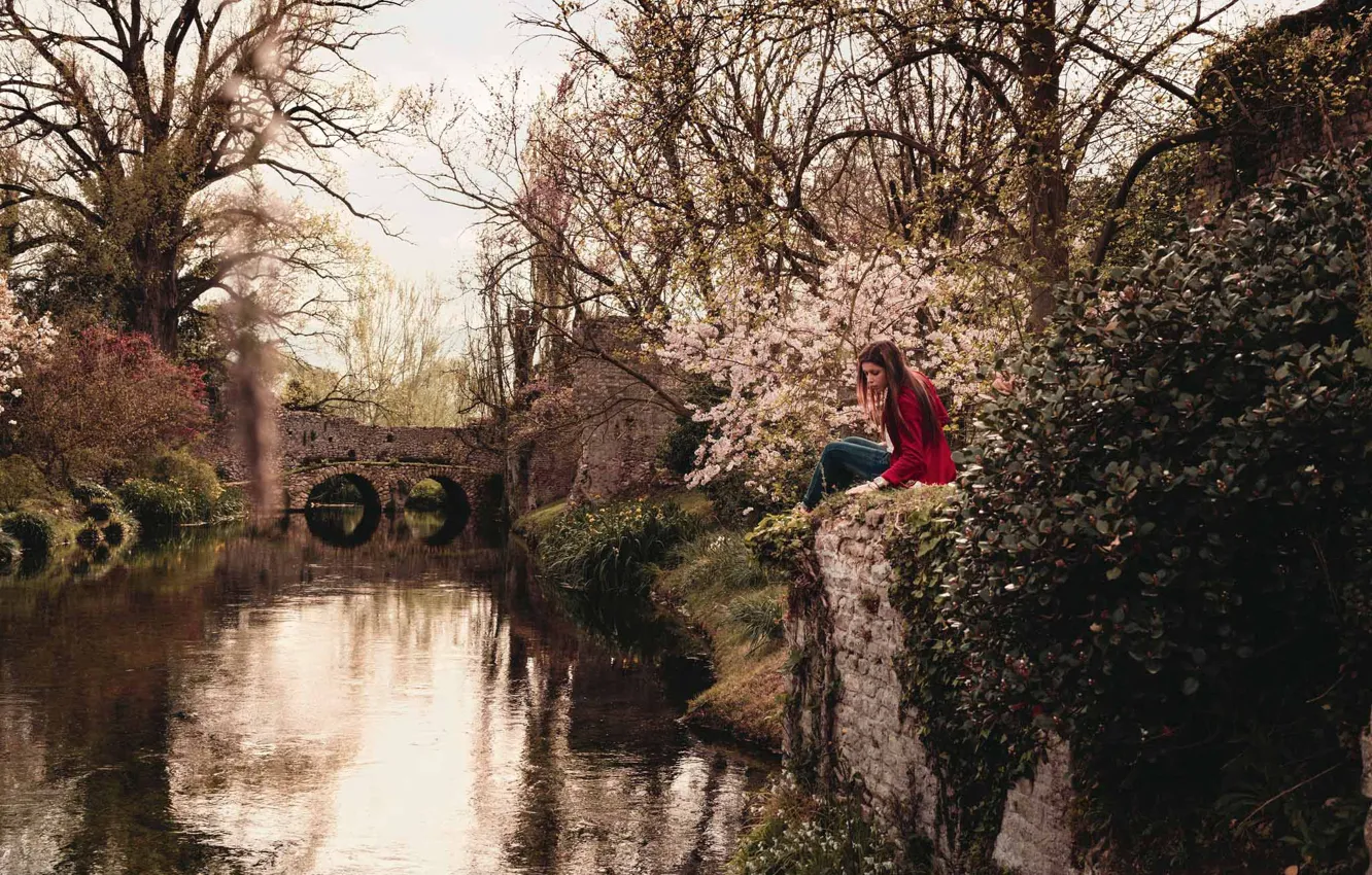 Photo wallpaper girl, river, trees, bridge, flowers, reflection, branches, canal