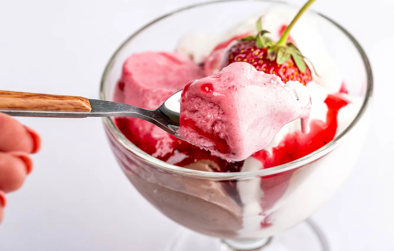 Photo wallpaper berries, hands, strawberry, spoon, ice cream, white background, dessert, glass