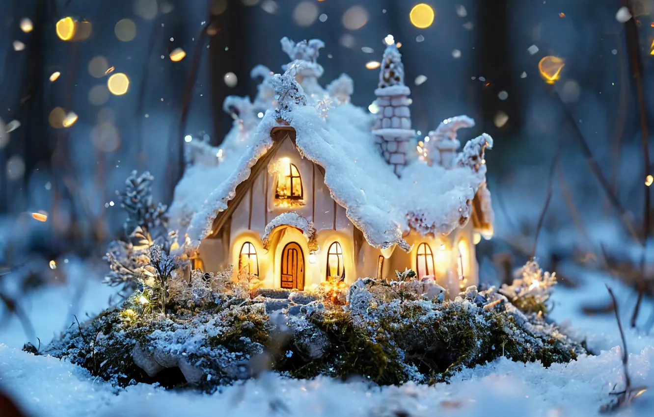 Photo wallpaper snow, new year, beauty, house
