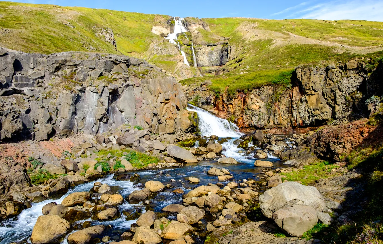 Photo wallpaper landscape, stones, hills, river, Iceland