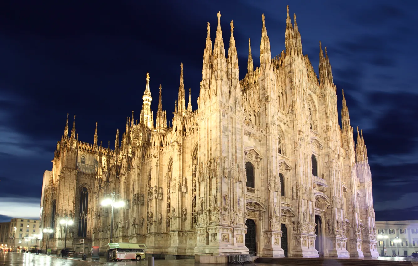 Photo wallpaper lights, cathedral, Italy, night, Italia, Milan, Milano, church