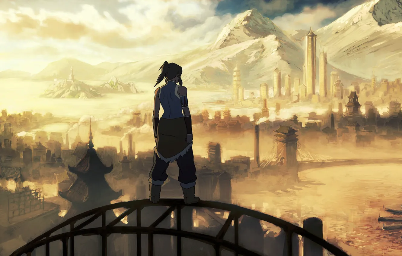 Photo wallpaper mountains, the city, river, avatar, the animated series, the legend of Korra