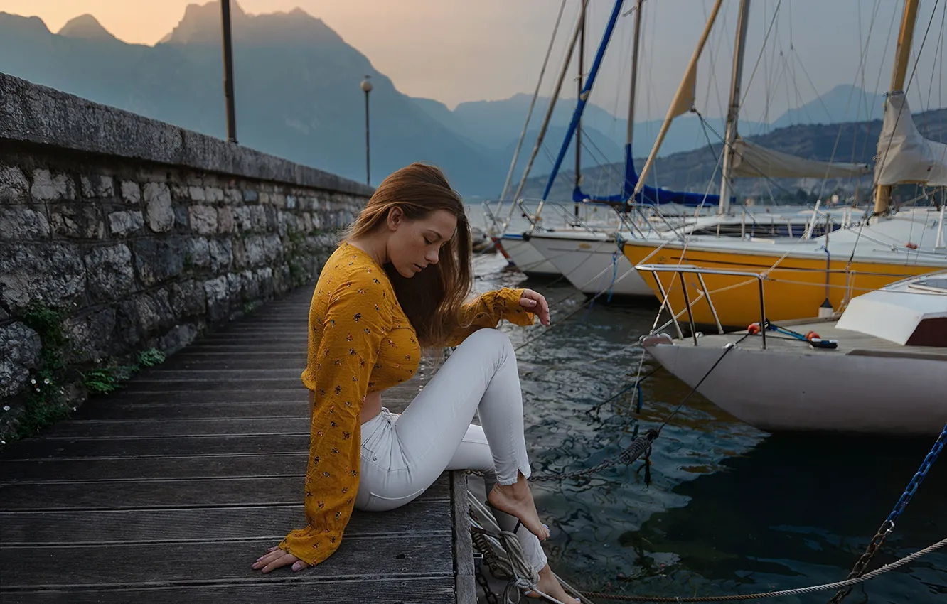 Photo wallpaper nature, model, women, jeans, brunette, boat, sitting, hips