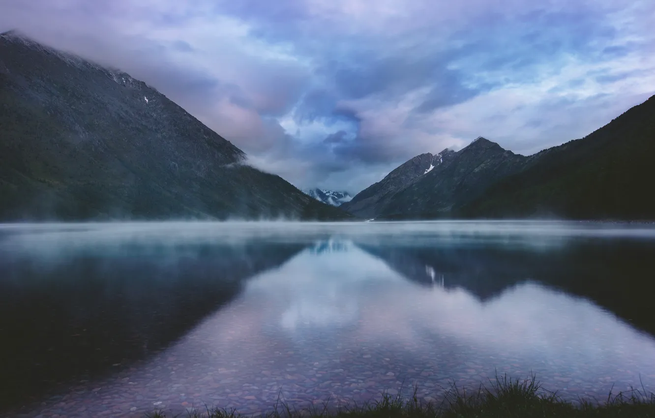 Photo wallpaper mountains, fog, lake, the evening