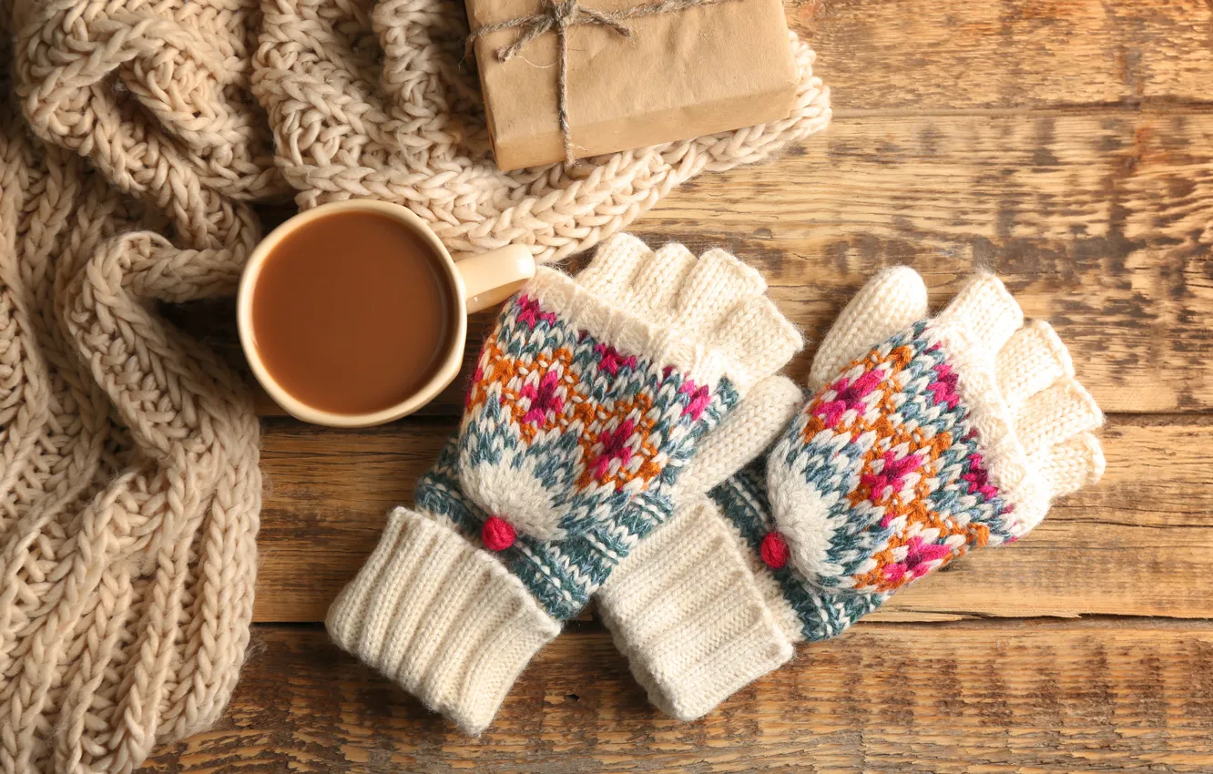 Photo wallpaper comfort, heat, box, gift, coffee, Cup, gloves, plaid