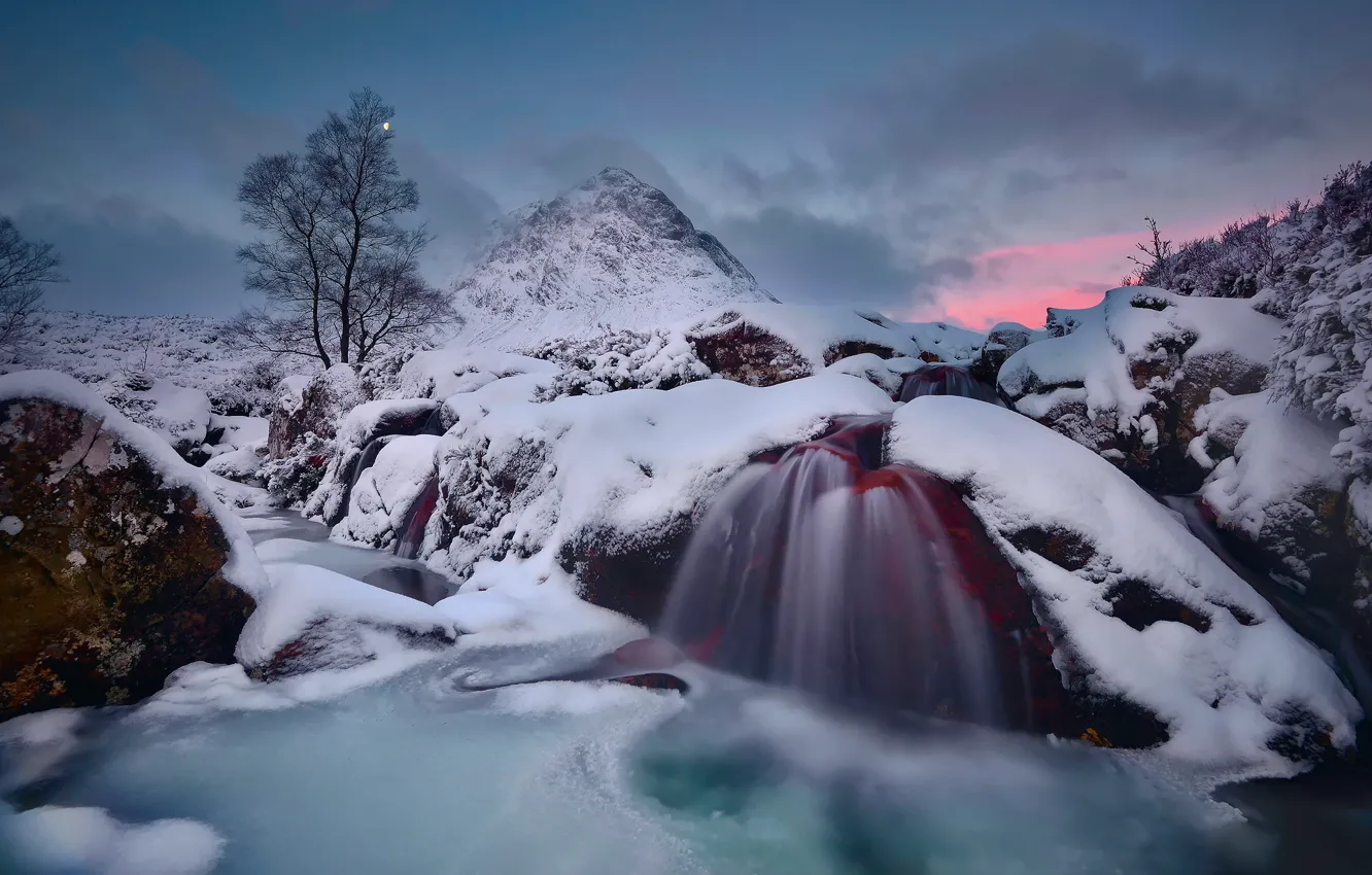Photo wallpaper winter, water, snow, the moon, mountain, ice, stream, the evening