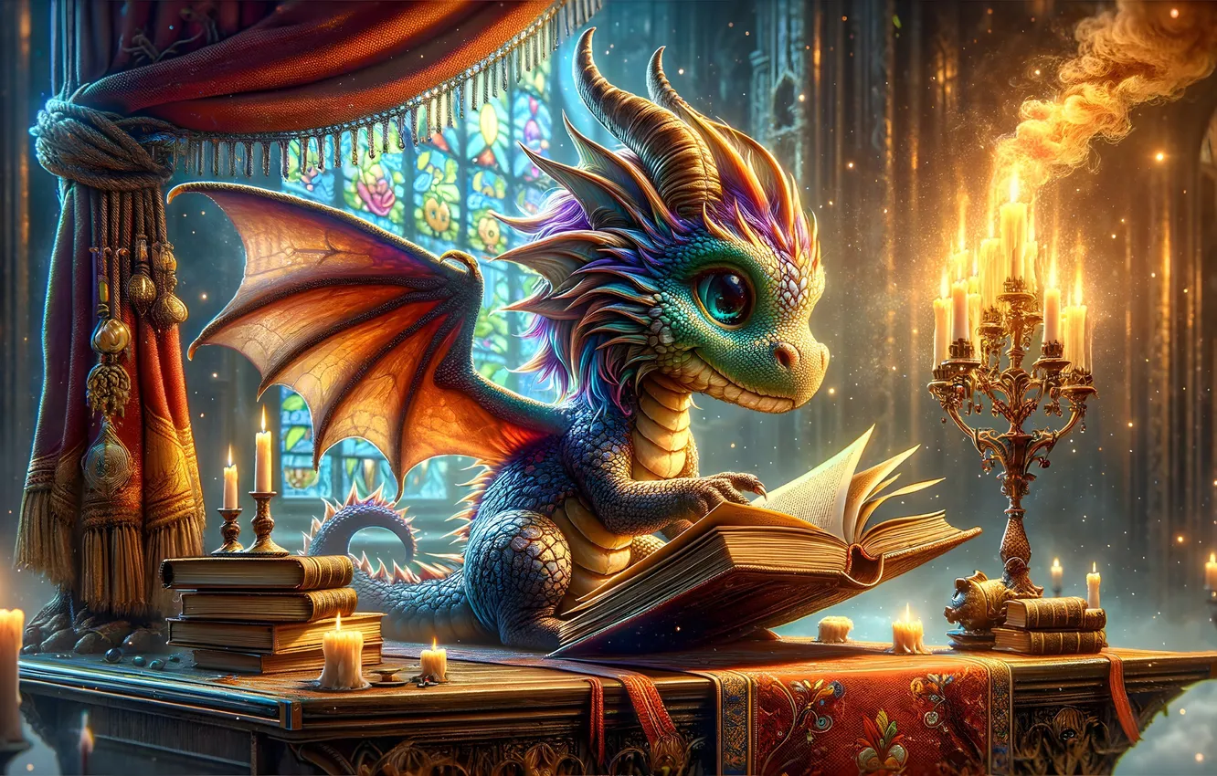 Photo wallpaper dragon, candles, fantasy, book