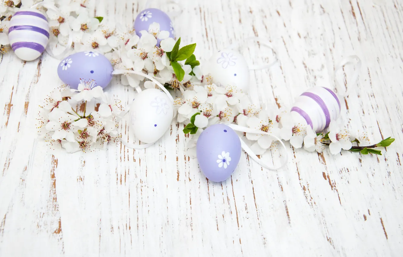 Photo wallpaper flowers, eggs, colorful, Easter, happy, wood, blossom, flowers
