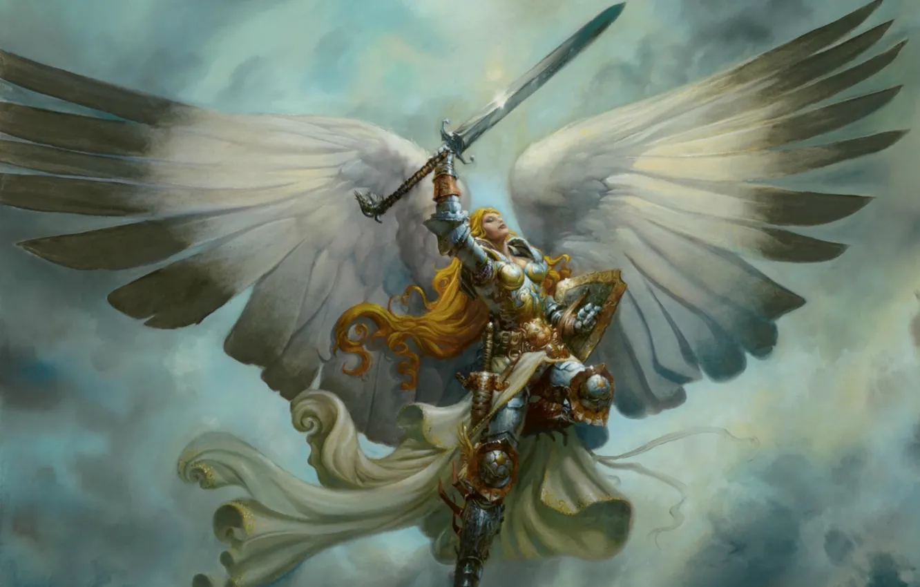 Photo wallpaper the sky, wings, sword, armor, red, shield, Valkyrie, Valkiriya