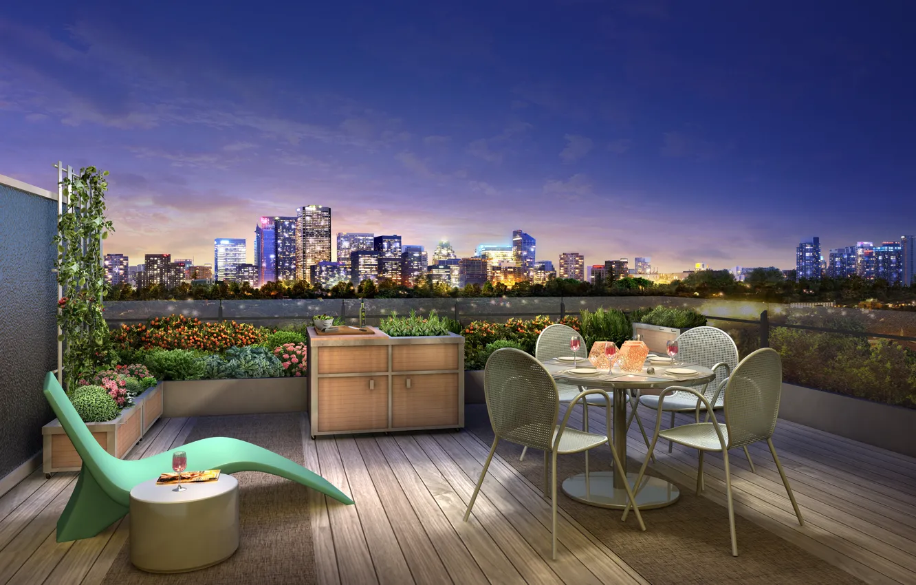 Photo wallpaper the city, mood, wine, the evening, terrace, dinner