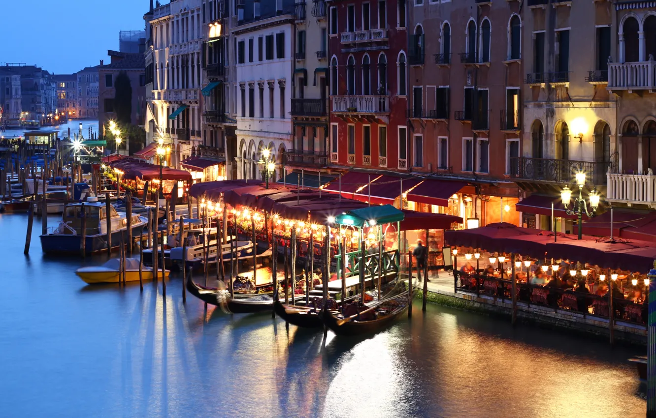 Photo wallpaper people, building, home, boats, the evening, lights, Italy, Venice