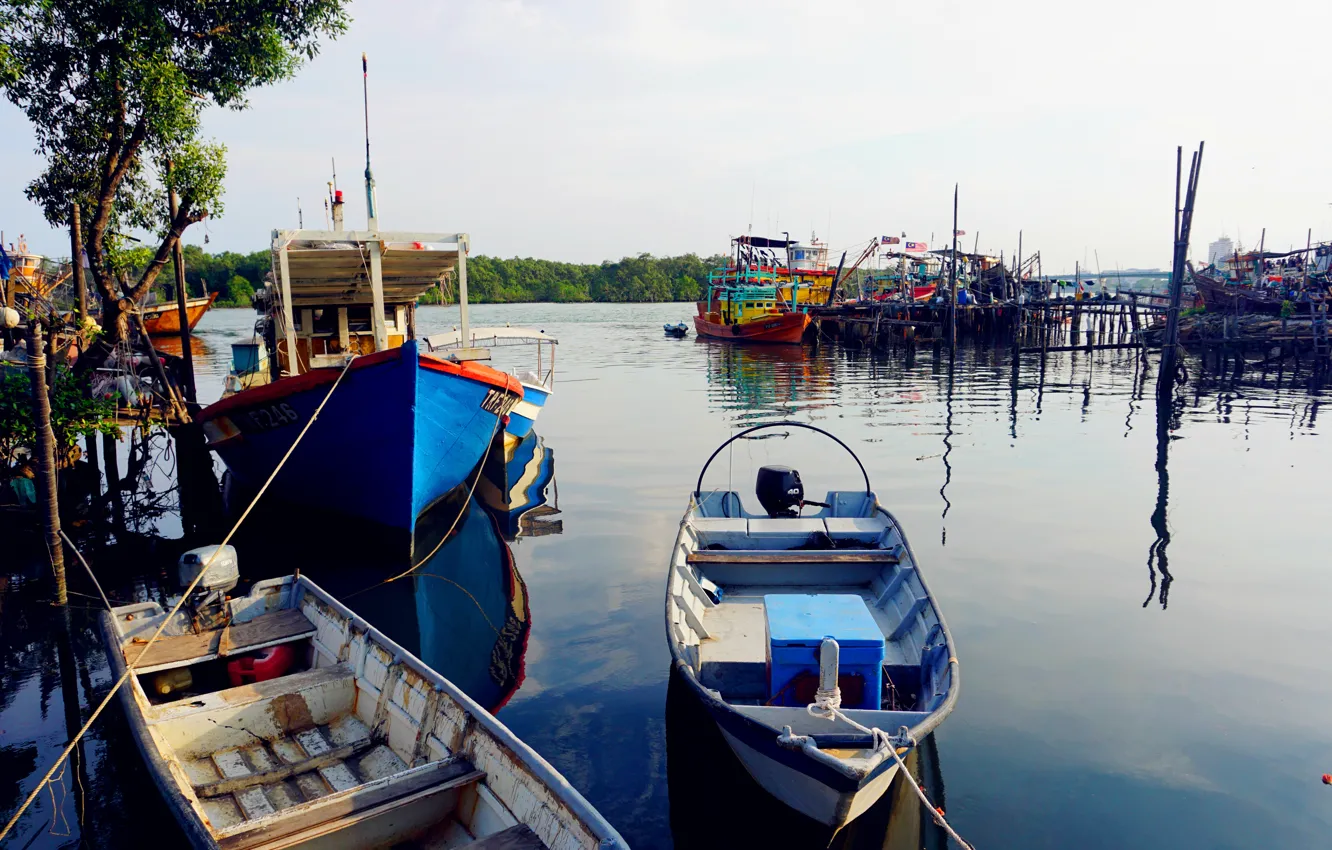 Photo wallpaper view, color, village, boat, fisherman, Malaysia, magnificent, kuantan