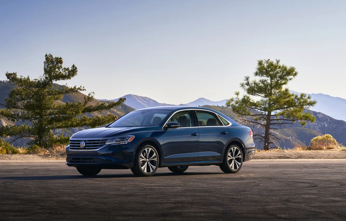 Photo wallpaper trees, blue, Volkswagen, sedan, Passat, 2020, 2019, US Version