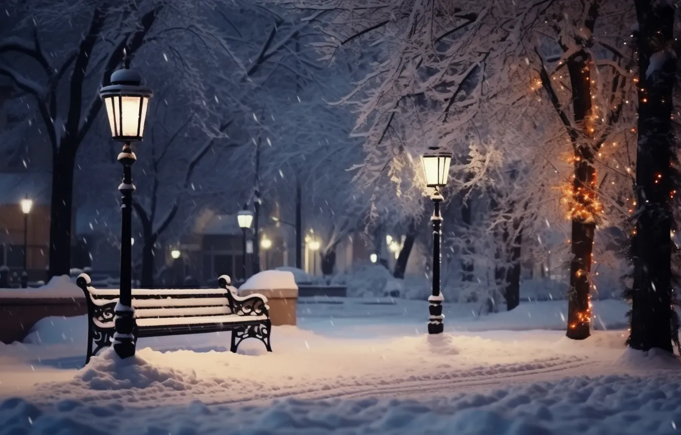 Photo wallpaper winter, snow, bench, night, Park, lights, night, park