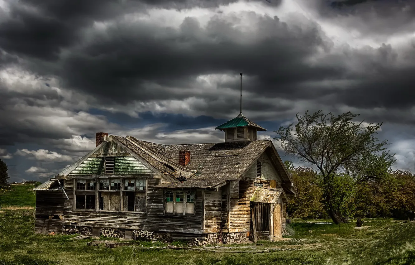 Photo wallpaper field, the sky, home, Abandoned School House