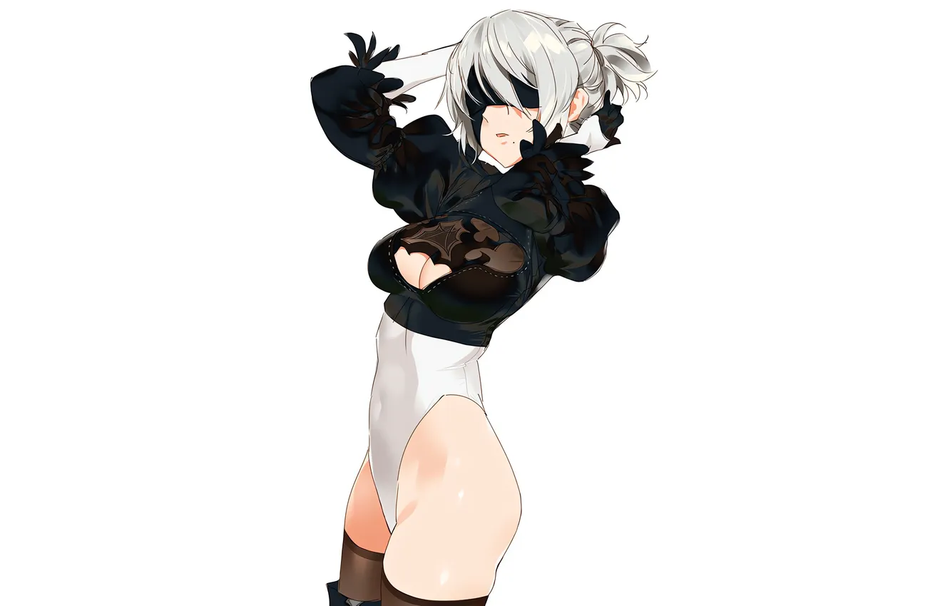 Photo wallpaper girl, sexy, cleavage, blouse, thighhighs, boobs, anime, beautiful