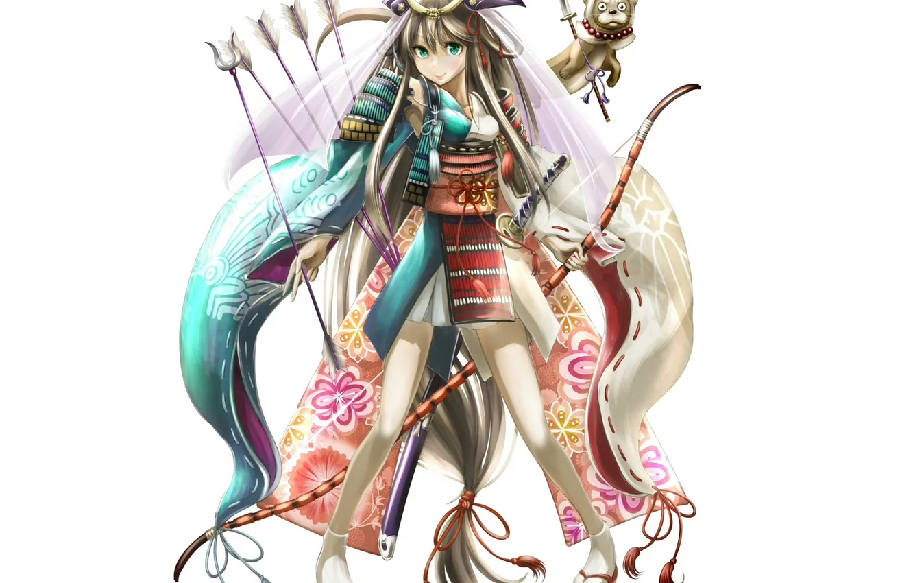 Photo wallpaper girl, smile, weapons, katana, anime, bow, art, arrows