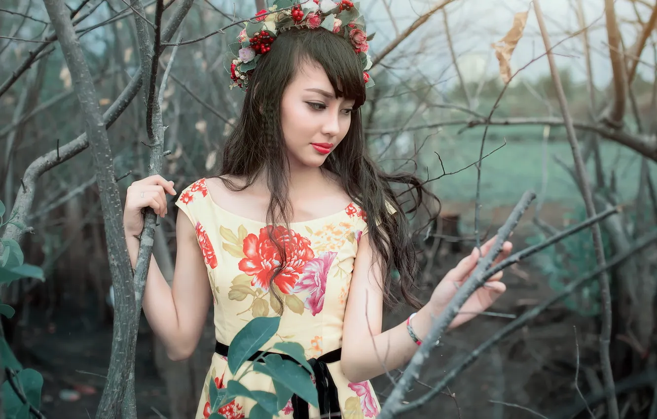 Photo wallpaper look, girl, flowers, Asian