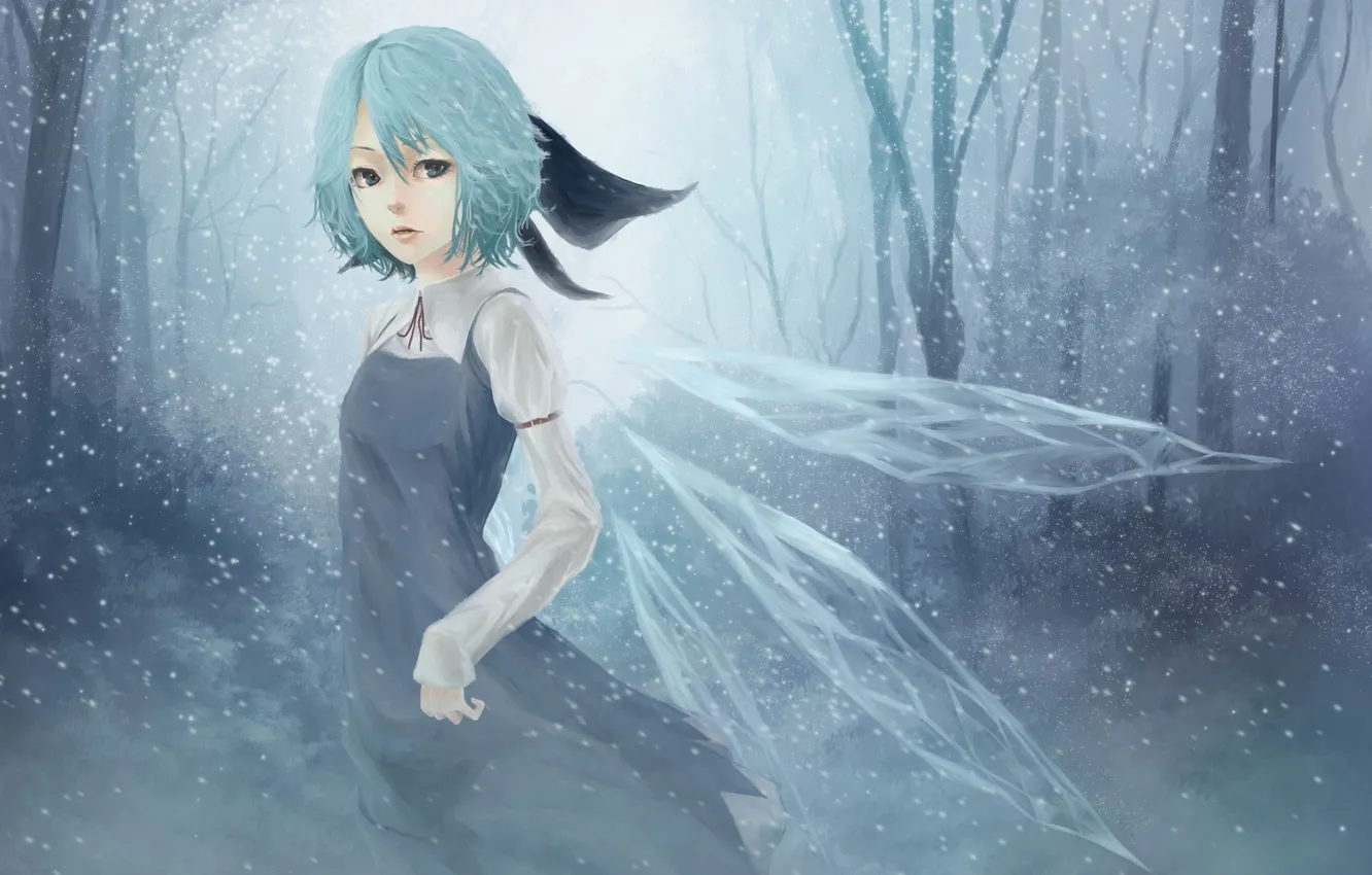 Photo wallpaper girl, trees, wings, dress, blue eyes, touhou, blue hair, hair bow