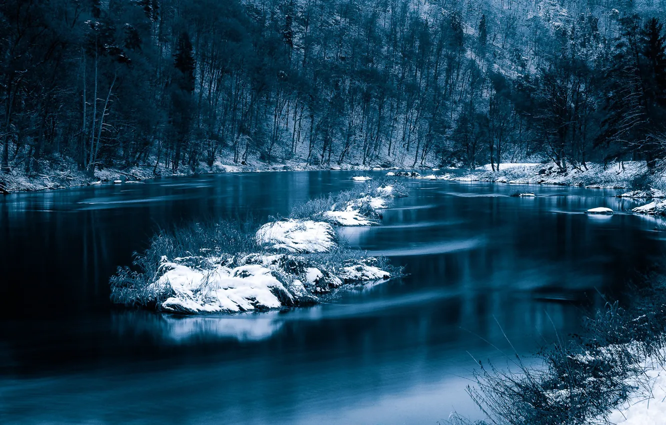 Photo wallpaper snow, winter, Germany, trees, Bayern, river
