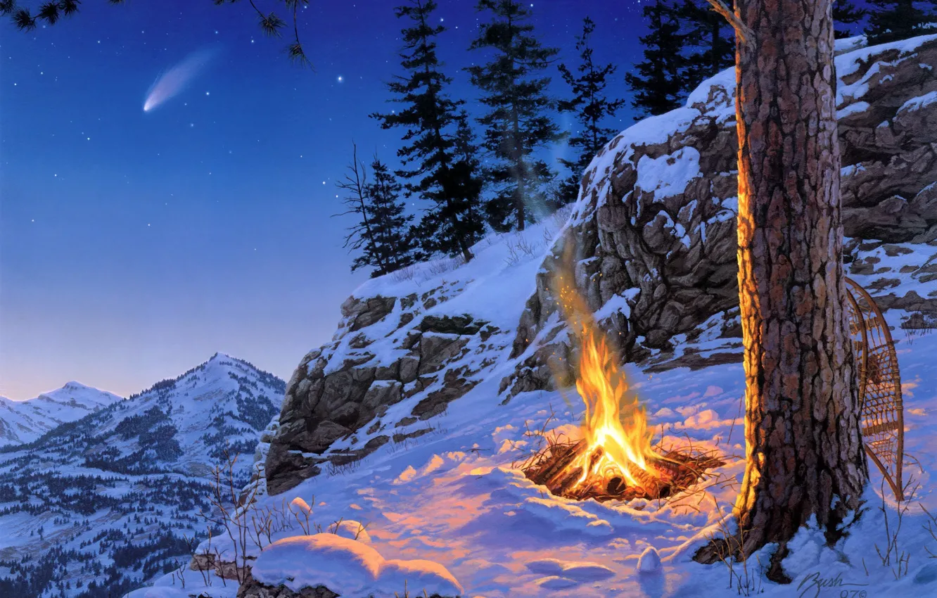 Photo wallpaper winter, stars, snow, landscape, mountains, night, spruce, the fire