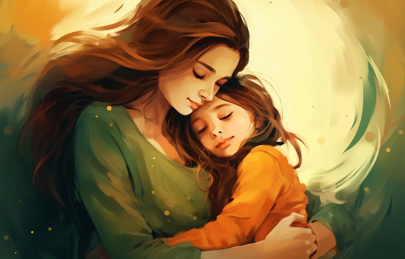 Photo wallpaper Girl, Love, Child, Girl, Two, Mom, Digital art, AI art