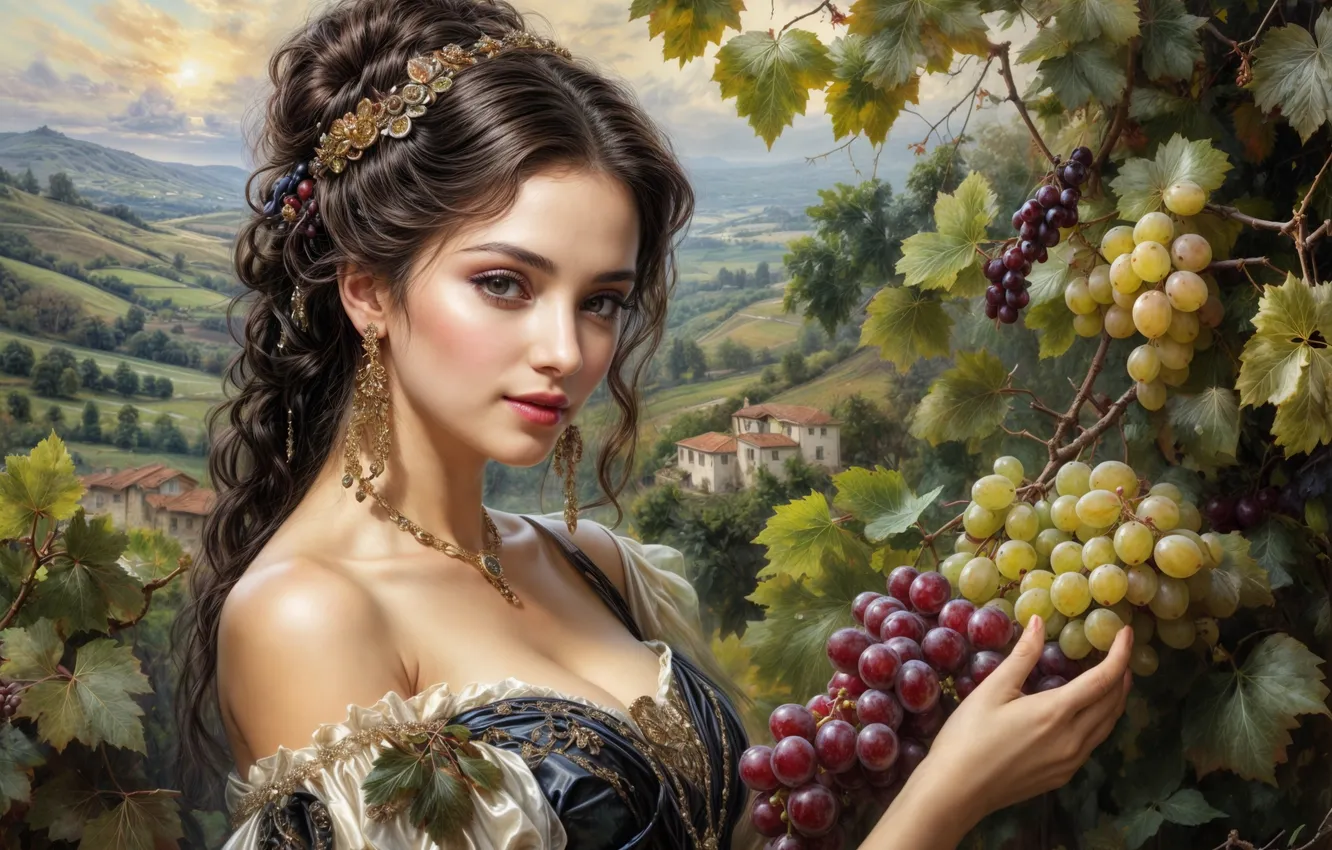 Photo wallpaper girl, nature, grapes