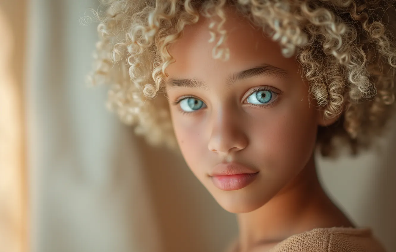 Photo wallpaper look, face, portrait, blonde, girl, curls, African, blue eyes