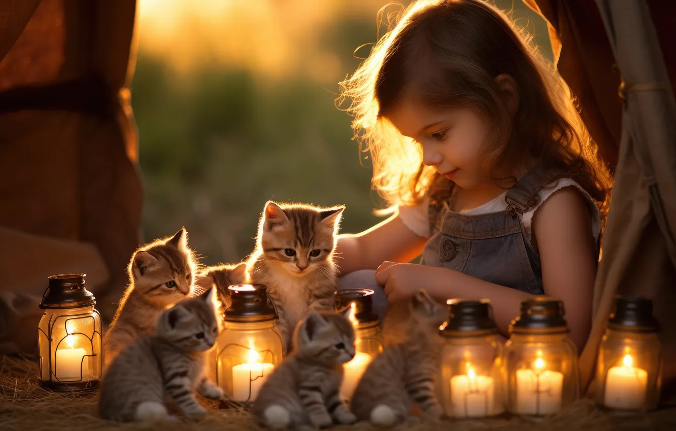 Photo wallpaper cat, light, sunset, nature, children, pose, grey, the game