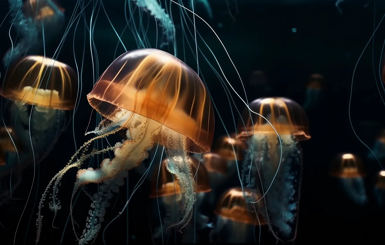 Photo wallpaper sea, jellyfish, underwater world, AI art, neural network