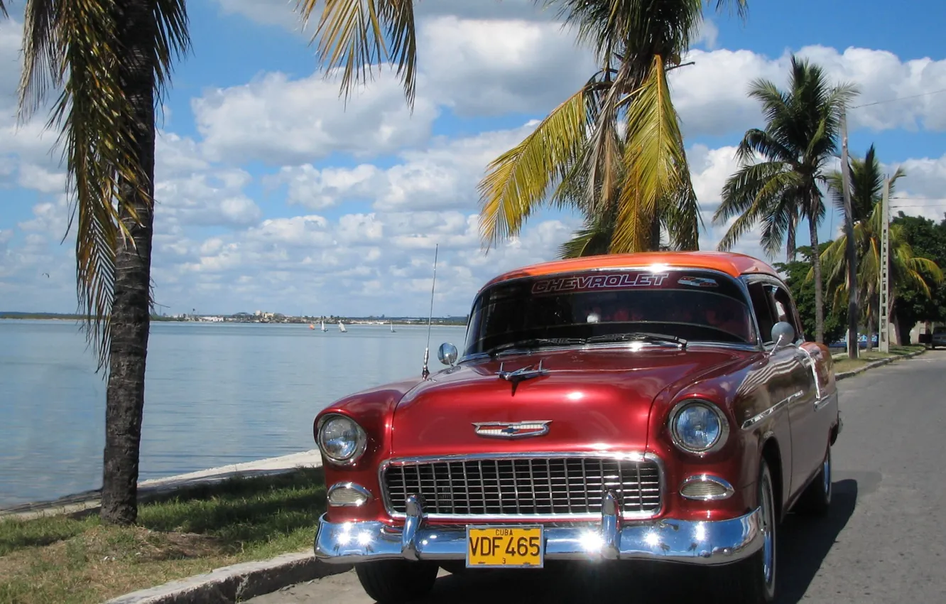 Photo wallpaper sea, the sky, asphalt, palm trees, Chevrolet