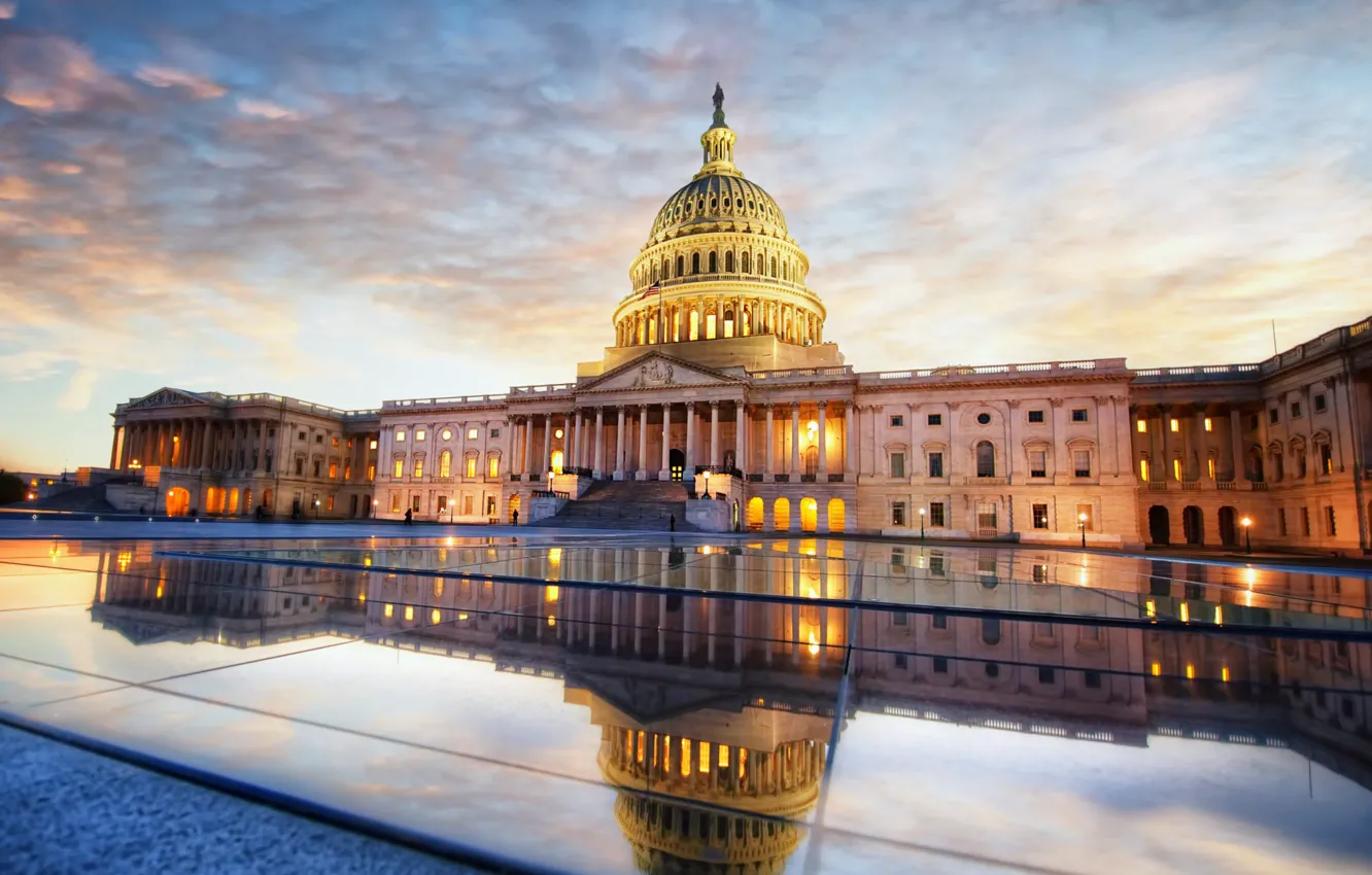 Photo wallpaper the sky, clouds, sunset, Washington, USA, Capitol, the Congress of the United States